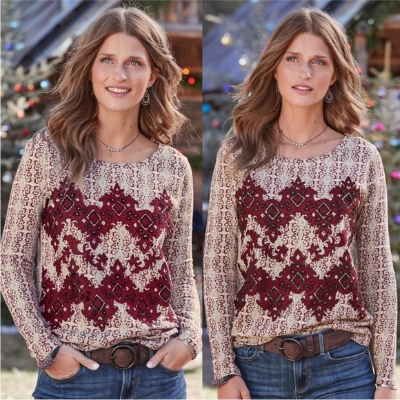 Sundance Tops - Sundance Neva Tapestry Beaded Top Red White Geometric Women Medium Casual Art